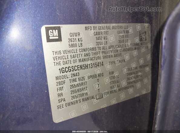 1GCGSCEN5H1315414 2017 CHEVROLET COLORADO Blue Engine compartment view