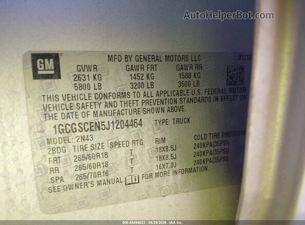 1GCGSCEN5J1204464 2018 CHEVROLET COLORADO Серебряный Вид подкапотного пространства