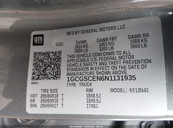 1GCGSCEN6N1131935 2022 CHEVROLET COLORADO Gray Widok komory silnika