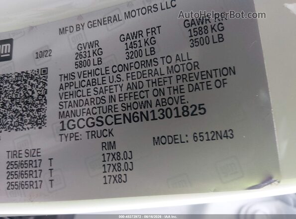 1GCGSCEN6N1301825 2022 CHEVROLET COLORADO White Вид підкапотного простору