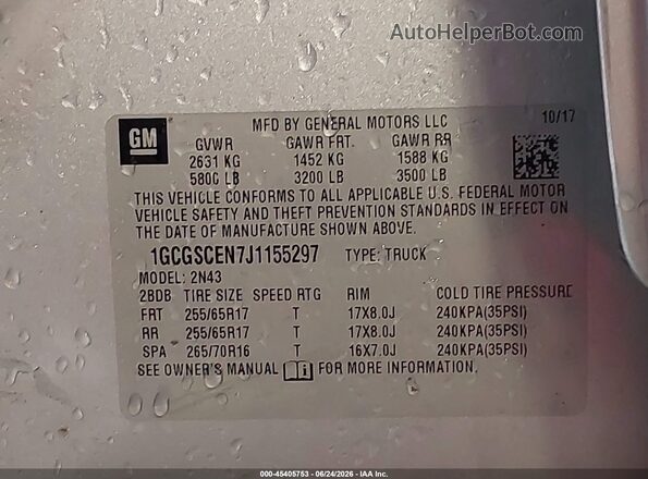 1GCGSCEN7J1155297 2018 CHEVROLET COLORADO Silver ძრავის განყოფილების ხედი