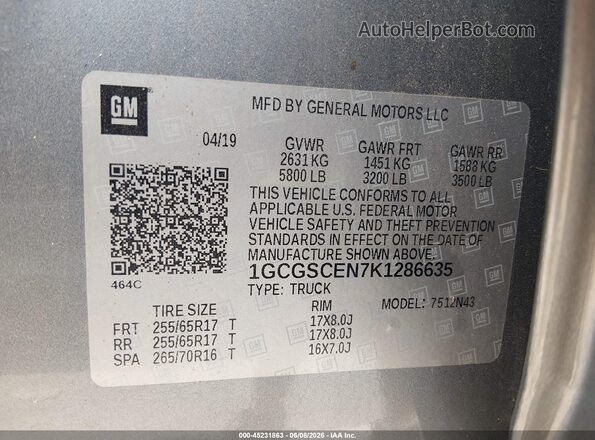1GCGSCEN7K1286635 2019 CHEVROLET COLORADO Gray Շարժիչի բաժամունքի տեսք