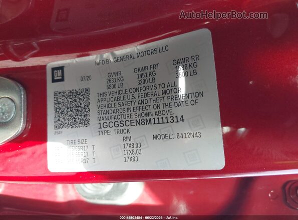 1GCGSCEN8M1111314 2021 CHEVROLET COLORADO Red Vista del compartimento del motor