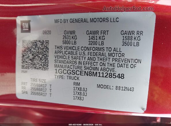 1GCGSCEN8M1128548 2021 CHEVROLET COLORADO Red Vista del compartimento del motor