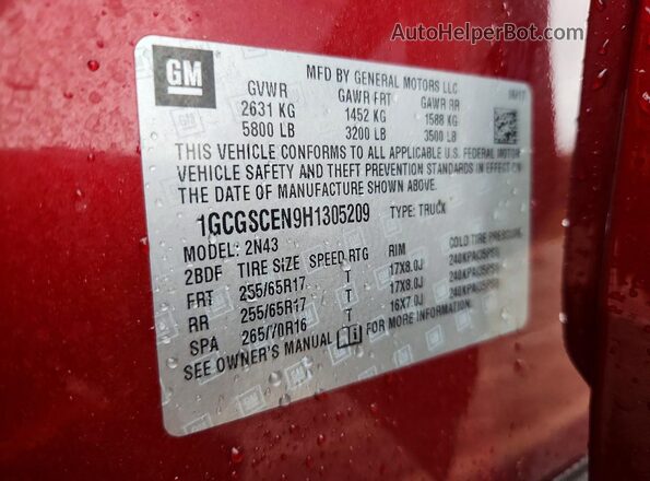 1GCGSCEN9H1305209 2017 CHEVROLET COLORADO Red VIN sticker view