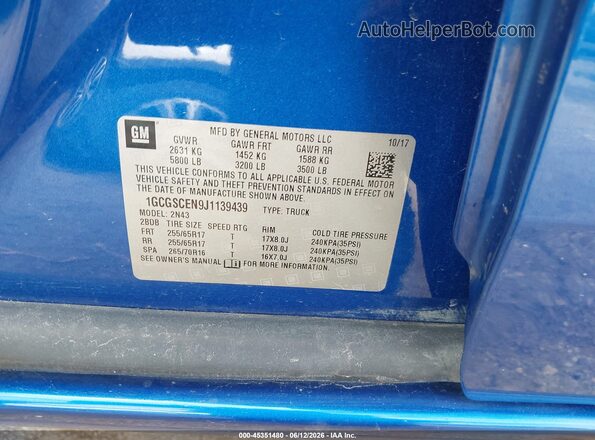 1GCGSCEN9J1139439 2018 CHEVROLET COLORADO Blue Vista del compartimento del motor