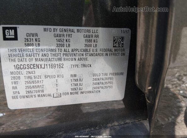 1GCGSCENXJ1169162 2018 CHEVROLET COLORADO Gray Widok komory silnika