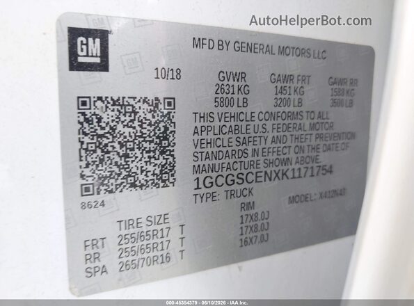 1GCGSCENXK1171754 2019 CHEVROLET COLORADO Белый 