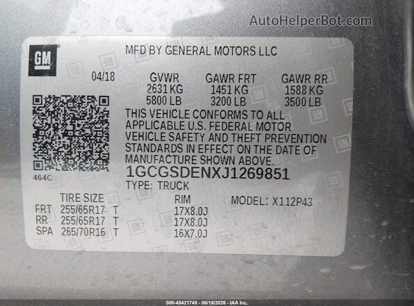1GCGSDENXJ1269851 2018 CHEVROLET COLORADO Gray Widok komory silnika
