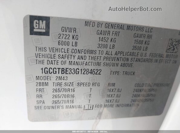 1GCGTBE33G1284622 2016 CHEVROLET COLORADO White 