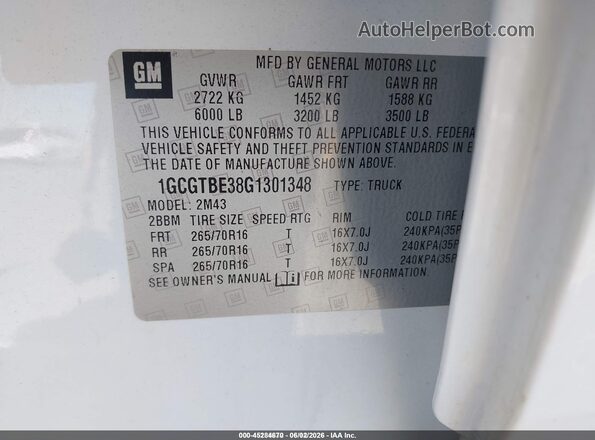 1GCGTBE38G1301348 2016 CHEVROLET COLORADO White 