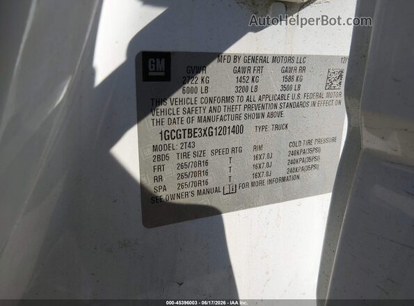 1GCGTBE3XG1201400 2016 CHEVROLET COLORADO White Շարժիչի բաժամունքի տեսք