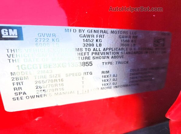 1GCGTBE3XG1353855 2016 CHEVROLET COLORADO Red Vista de la etiqueta del VIN