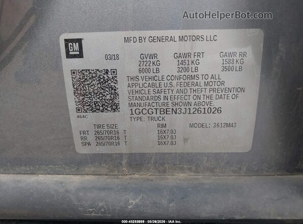 1GCGTBEN3J1261026 2018 CHEVROLET COLORADO Серый 