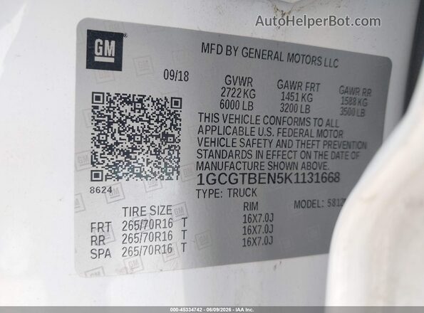 1GCGTBEN5K1131668 2019 CHEVROLET COLORADO White Widok komory silnika