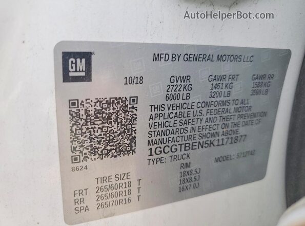 1GCGTBEN5K1171877 2019 CHEVROLET COLORADO Белый Вид подкапотного пространства