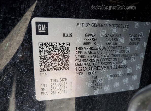 1GCGTBEN5K1214422 2019 CHEVROLET COLORADO Черный Вид наклейки с VIN-кодом