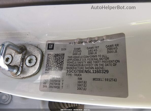 1GCGTBEN5L1160329 2020 CHEVROLET COLORADO White Շարժիչի բաժամունքի տեսք