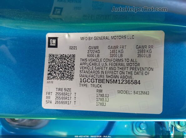 1GCGTBEN5M1236584 2021 CHEVROLET COLORADO Blue 
