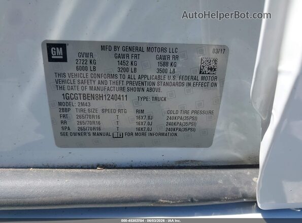 1GCGTBEN8H1240411 2017 CHEVROLET COLORADO White Vista del compartimento del motor
