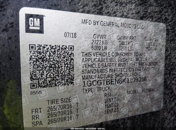 1GCGTBEN8K1109356 2019 CHEVROLET COLORADO Черный Вид подкапотного пространства