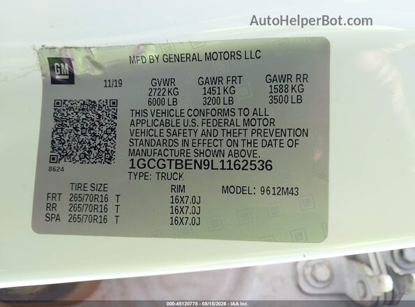 1GCGTBEN9L1162536 2020 CHEVROLET COLORADO White Vista del compartimento del motor