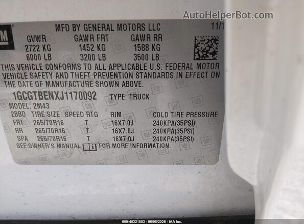1GCGTBENXJ1170092 2018 CHEVROLET COLORADO White Engine compartment view