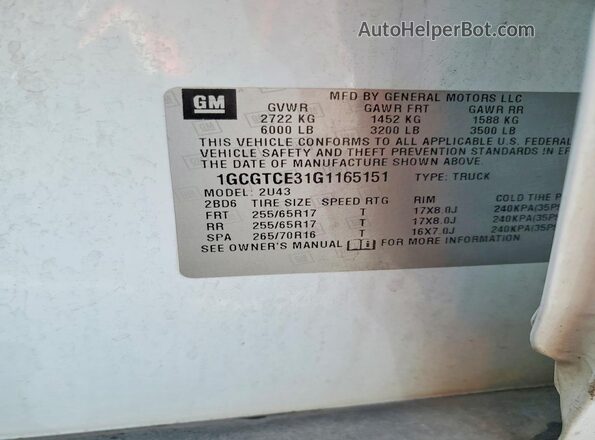 1GCGTCE31G1165151 2016 CHEVROLET COLORADO White 