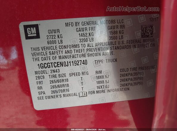 1GCGTCEN0J1192740 2018 CHEVROLET COLORADO Red ძრავის განყოფილების ხედი