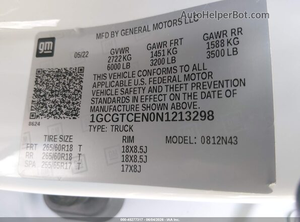 1GCGTCEN0N1213298 2022 CHEVROLET COLORADO White Vista del compartimento del motor