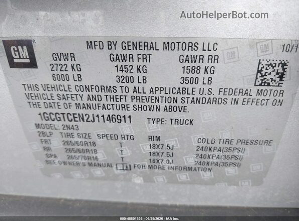 1GCGTCEN2J1146911 2018 CHEVROLET COLORADO Серебряный Вид подкапотного пространства