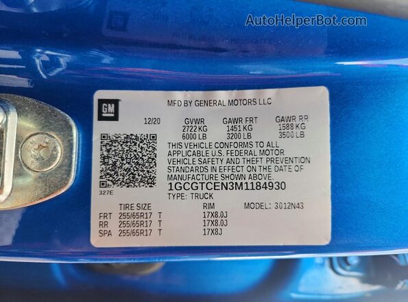 1GCGTCEN3M1184930 2021 CHEVROLET COLORADO Blue 