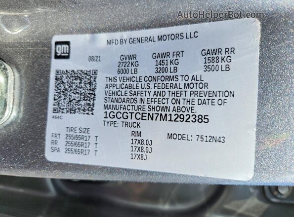 1GCGTCEN7M1292385 2021 CHEVROLET COLORADO Gray Вид наклейки з VIN-кодом
