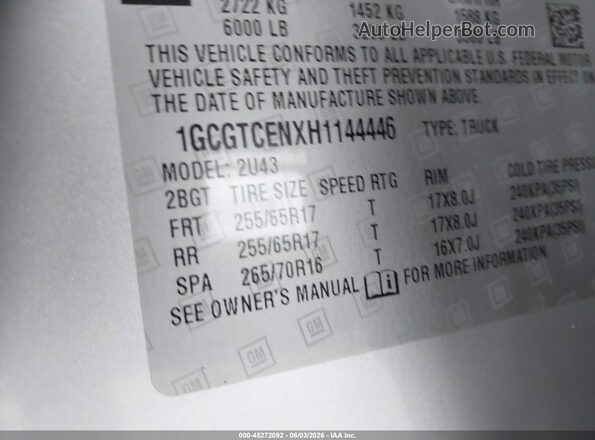 1GCGTCENXH1144446 2017 CHEVROLET COLORADO Silver 