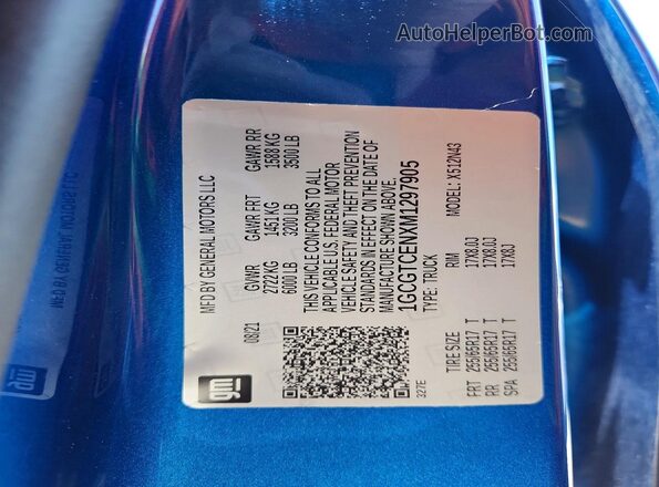 1GCGTCENXM1297905 2021 CHEVROLET COLORADO Blue Вид наклейки з VIN-кодом