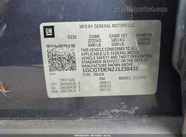 1GCGTDEN2J1238431 2018 CHEVROLET COLORADO Blue Engine compartment view
