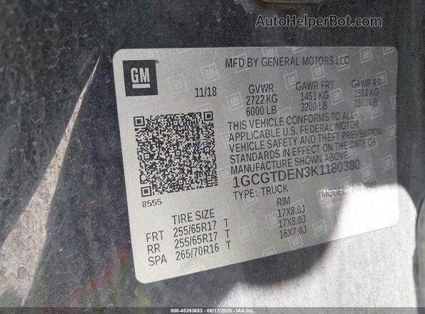 1GCGTDEN3K1180380 2019 CHEVROLET COLORADO Black Вид підкапотного простору