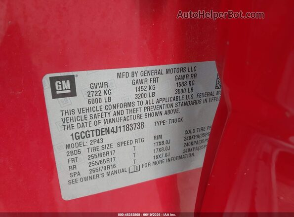 1GCGTDEN4J1183738 2018 CHEVROLET COLORADO Red Շարժիչի բաժամունքի տեսք