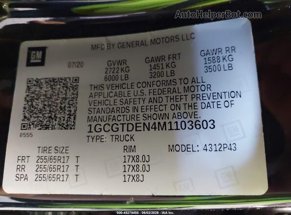 1GCGTDEN4M1103603 2021 CHEVROLET COLORADO Black Engine compartment view