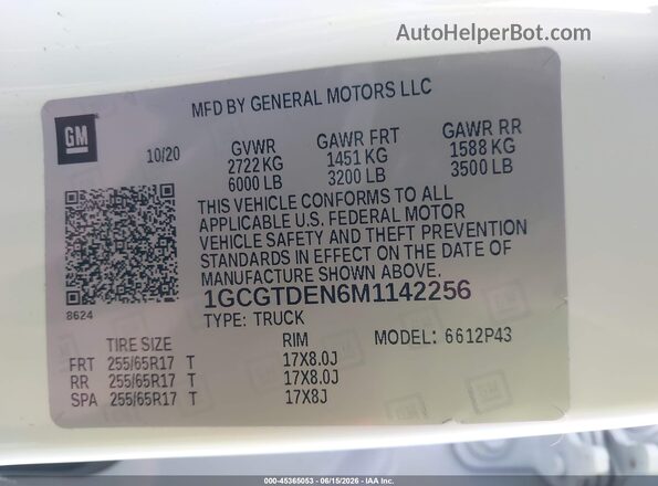 1GCGTDEN6M1142256 2021 CHEVROLET COLORADO White Widok komory silnika