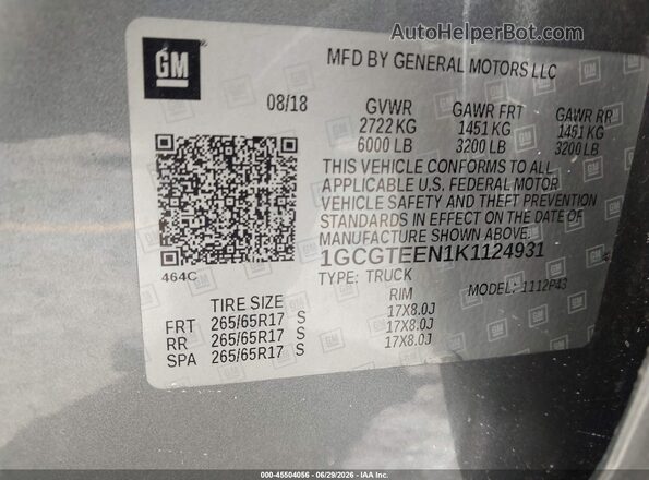 1GCGTEEN1K1124931 2019 CHEVROLET COLORADO Gray Вид підкапотного простору