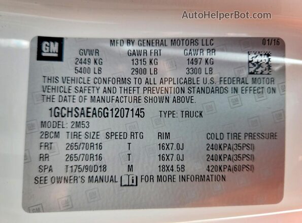 1GCHSAEA6G1207145 2016 CHEVROLET COLORADO White 