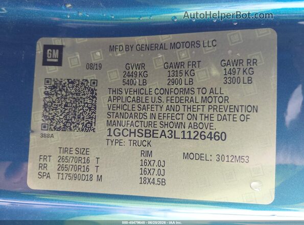 1GCHSBEA3L1126460 2020 CHEVROLET COLORADO White Շարժիչի բաժամունքի տեսք