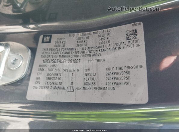 1GCHSBEA5G1281887 2016 CHEVROLET COLORADO Gray Vista del compartimento del motor