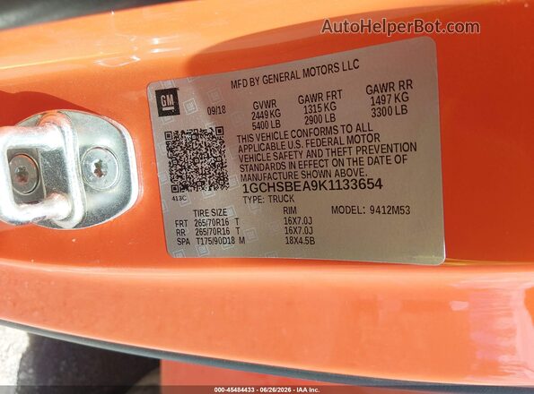 1GCHSBEA9K1133654 2019 CHEVROLET COLORADO Оранжевый Вид подкапотного пространства