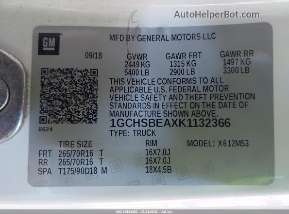 1GCHSBEAXK1132366 2019 CHEVROLET COLORADO White Engine compartment view