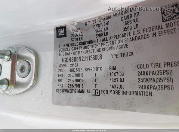 1GCHSBEN2J1133688 2018 CHEVROLET COLORADO White ძრავის განყოფილების ხედი