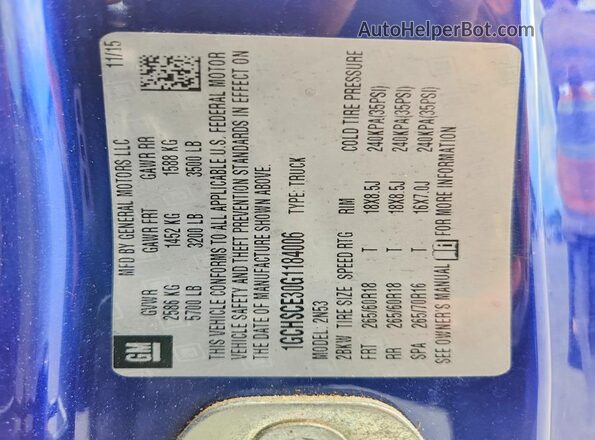 1GCHSCE30G1184006 2016 CHEVROLET COLORADO Blue Vista de la etiqueta del VIN