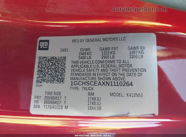 1GCHSCEAXN1110264 2022 CHEVROLET COLORADO Red Вид підкапотного простору
