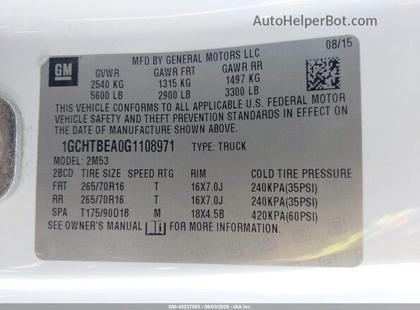 1GCHTBEA0G1108971 2016 CHEVROLET COLORADO White Vista del compartimento del motor